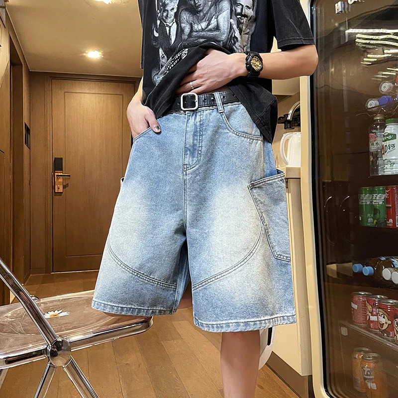 Casual cargo denim shorts mens elastic waist straight comfortable light blue soft pocket wide Bermuda jeans 250326