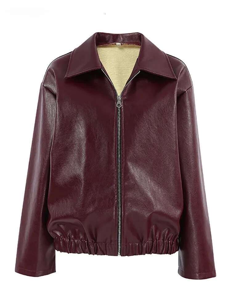 Women's Coat Street Leather Women' Jacket Wine Red Turn Down Long Sleeve Pu Female Coats Vintage Pocket Zipper Motorcycle Lady Outwears