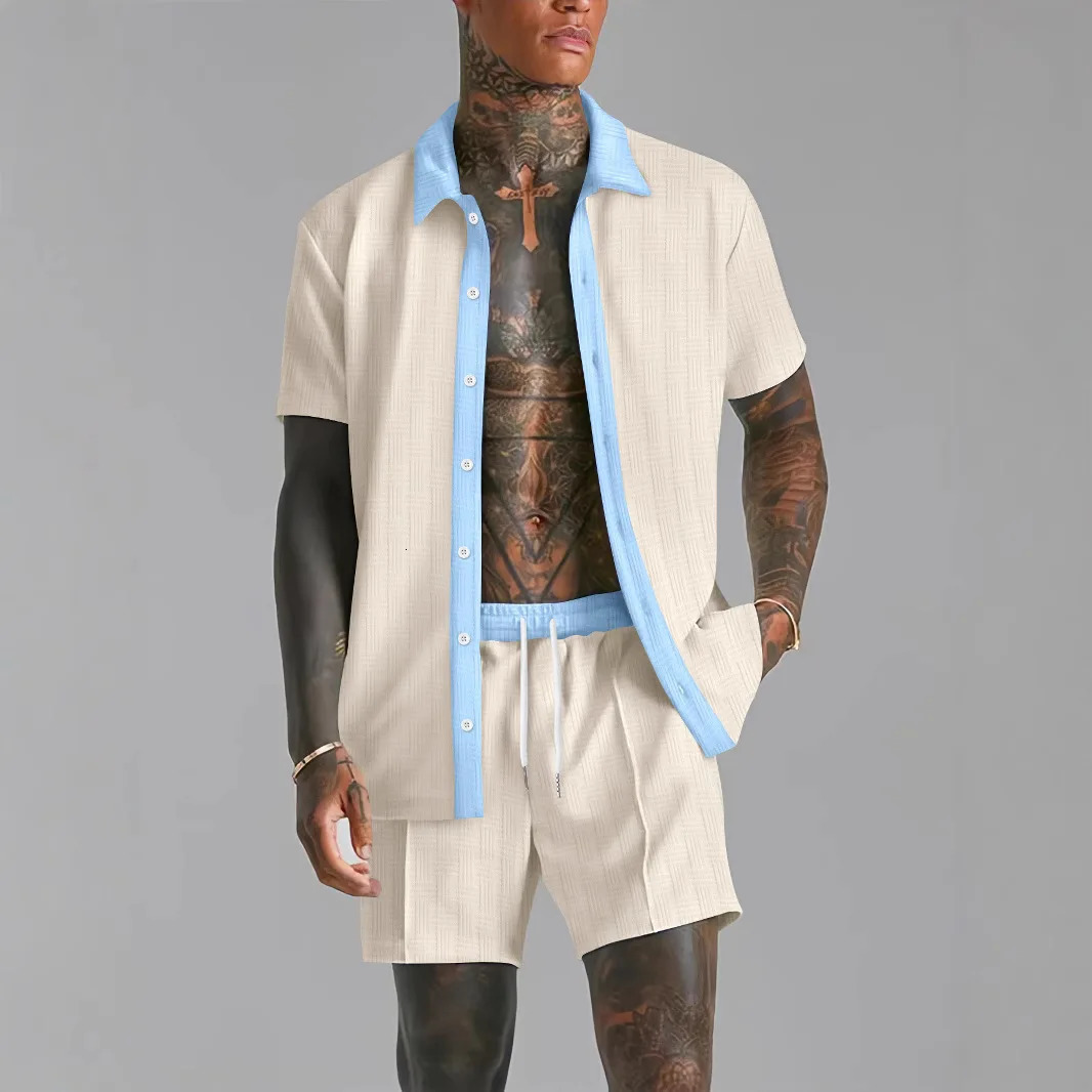 Summer mens casual suit patch work transparent lapel short sleeved shirt and shorts fashionable comfortable twopiece street TWear 250326