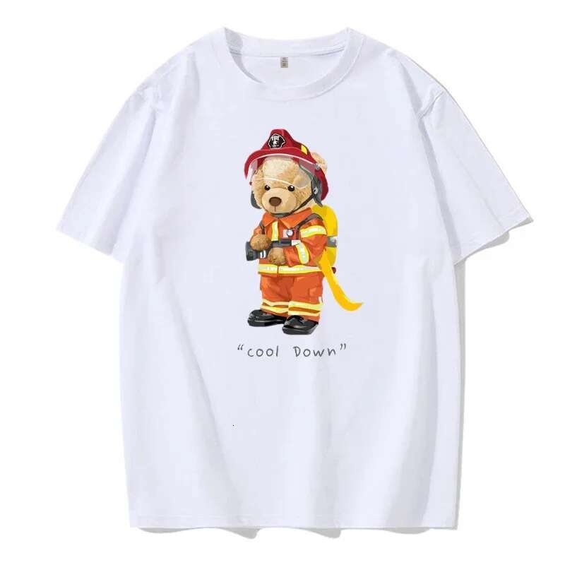 Firefighter Teddy Bear Cool Letter Pattern T shirt Creative Neutral Street Clothing Summer Men s Fashion