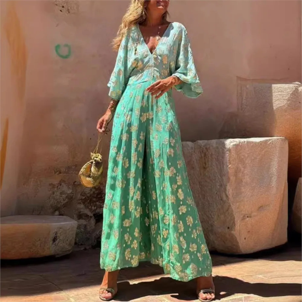 Elegant Printed Splicing Pants Fashion Deep Vneck Bat Sleeve High Waist jumpsuit Womens Casual Holiday Wide Leg 250326