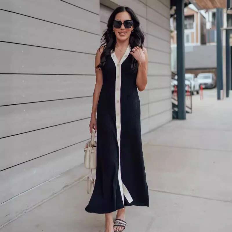 Dongdumaoyi V Kraag Sleepveless Single Breasted Gebreide Jurk Strakke Midi Contrast Kleur Vest Sexy Zomerjurk C