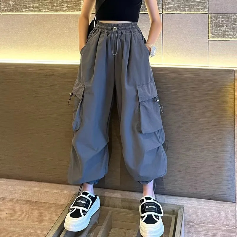 Girls jogging pants teenagers loose casual straight Trouser fashionable childrens pocket n cool street wear 514 Y 250325