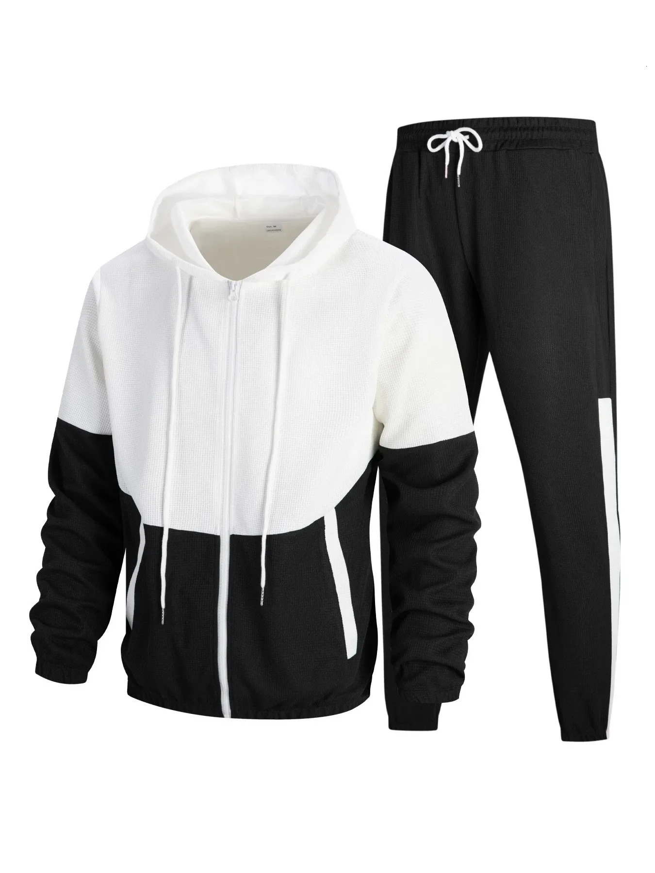 Mens spring and autumn hoodie with double pockets waffle cookies color matching jacket casual sports Trouser set sportswear 250327