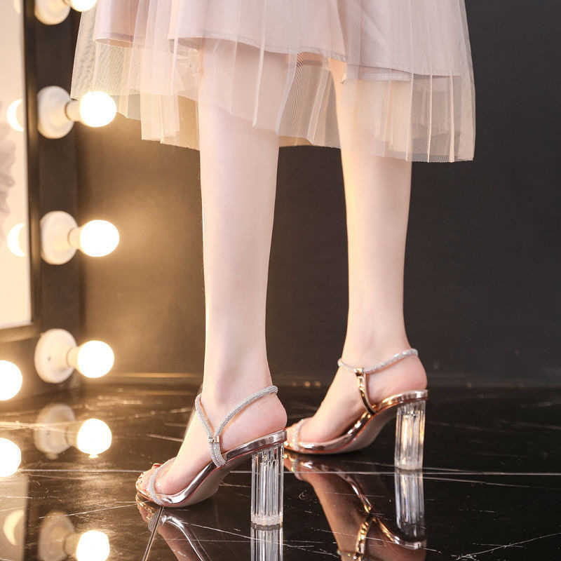 Crystal High Heels Lady New Net Red Transparent French One Line Sandals Fairy High Heels Thick Heels Summer