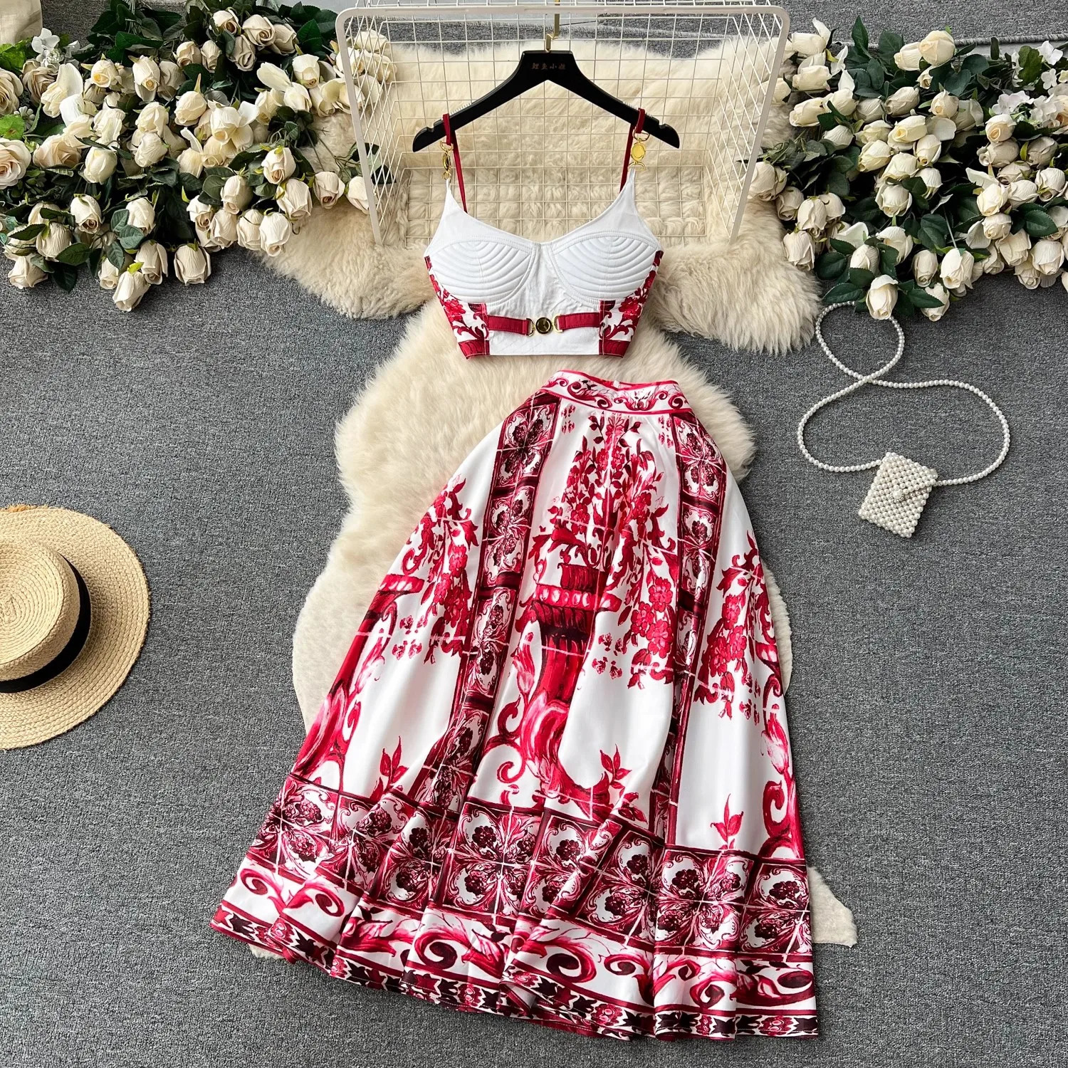 Summer Y2k sexy red blue white necklace twopiece set womens gold button bra cup suspender topMaxi long skirt 250326