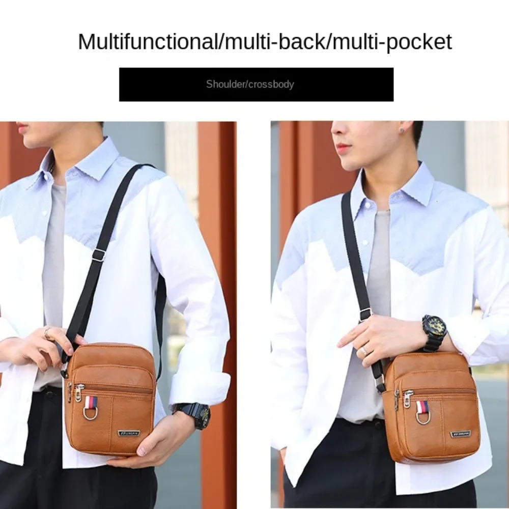 PU leather mens casual large capacity waterproof handbag brown black shoulder messenger bag 250326