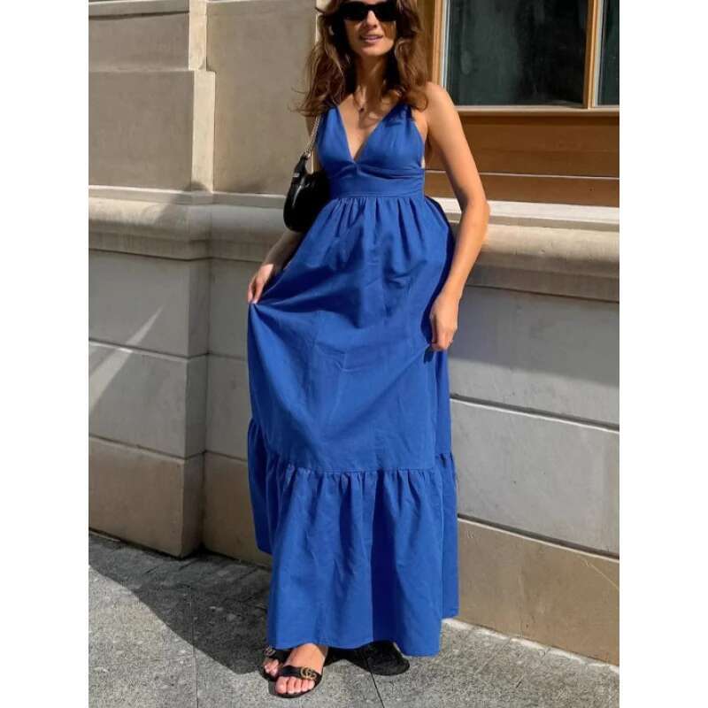 Dongdumaoyi Lente Zomer Nieuwe V Hals Backless Spaghetti Casual A Lijn Damesmode Jurk