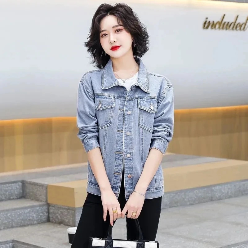 Spring and autumn single breasted womens denim jacket loose long sleeved top casual jeans 250326