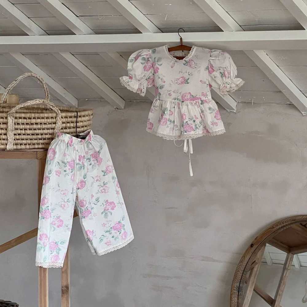 Bear Leader Girls Set 2023 Summer Korean Edition Short Sleeve Bubble Sleeve+Wide Leg Pants Girls SetT250327