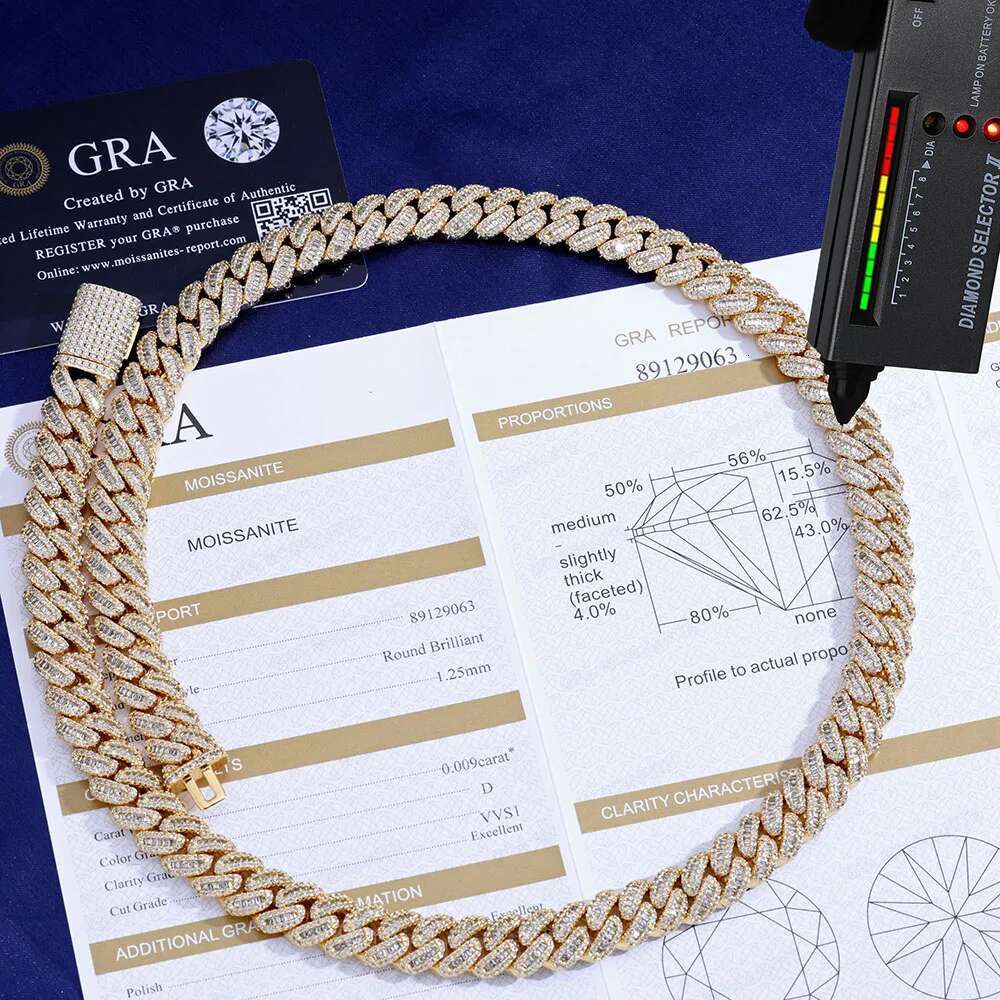 925 Sterling Silver 12mm D color VVS Moissanite Chain Iced Out Diamond Cuban Link Chain Necklace for Men Women