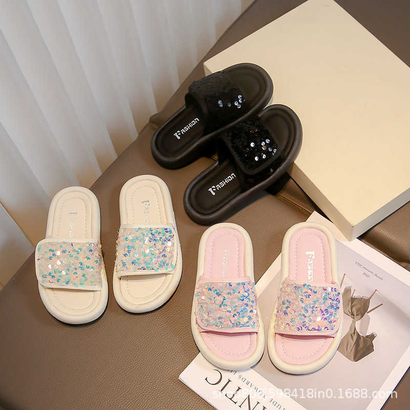 Slipper Girls open toed slippers girls sequins straight drag 2024 summer new style childrens outdoor cool drag fashionable princess S25326