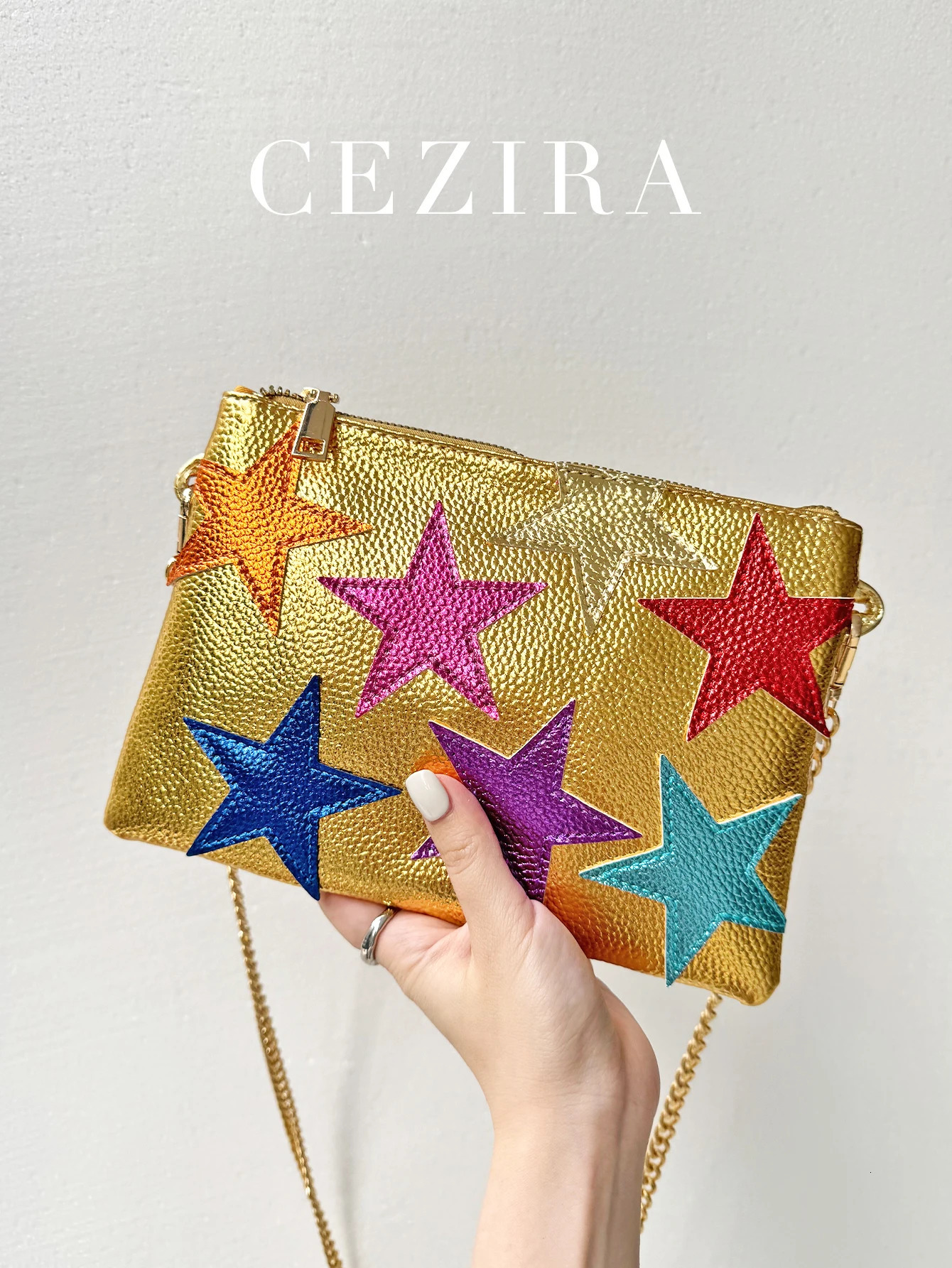 y and fashionable womens metal PU vegan leather square clutch star pattern colorful striped chain shoulder bag party date gift 250326