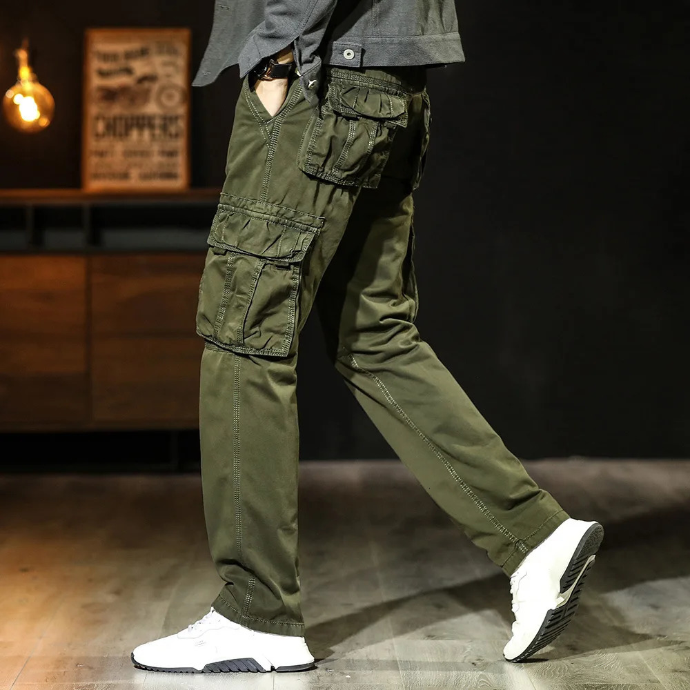 Casual pants mens straight leg cotton cargo Trouser multi pocket work fishing suit military summer spring khaki black 250327