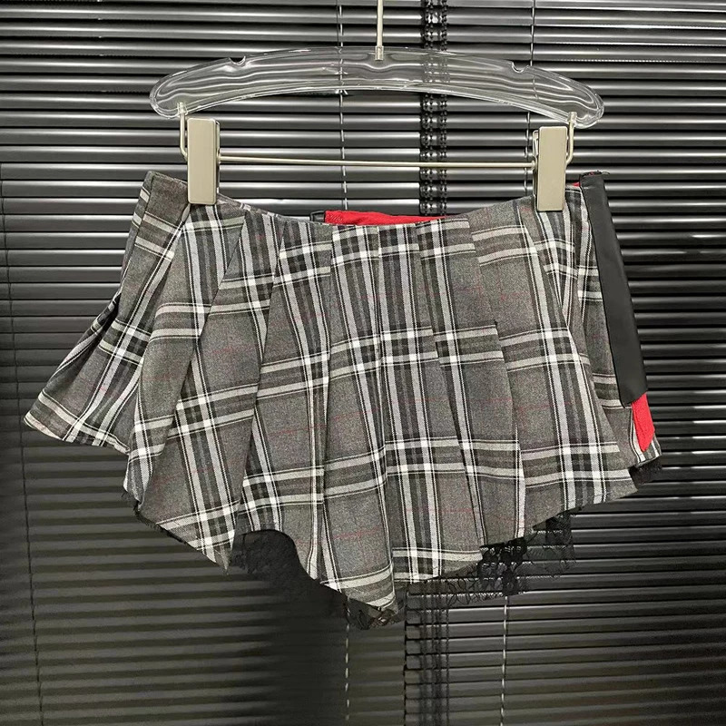 2025 Womens Cotton Lace Patchwork Plaid Mini Leather Skirts Streetwear Female Modern Punk Irregular Pleated Skirt 250322