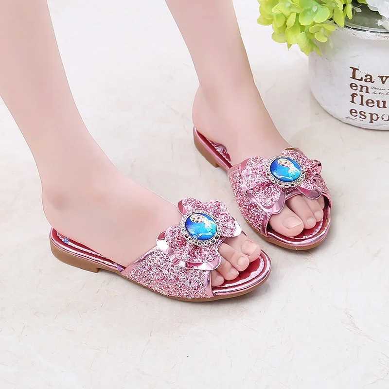 Slipper Summer Princess Flat Head Slippers Fashion sequins Bow Fashion Skin Flap Childrens Frozen Elsa Soft S25326