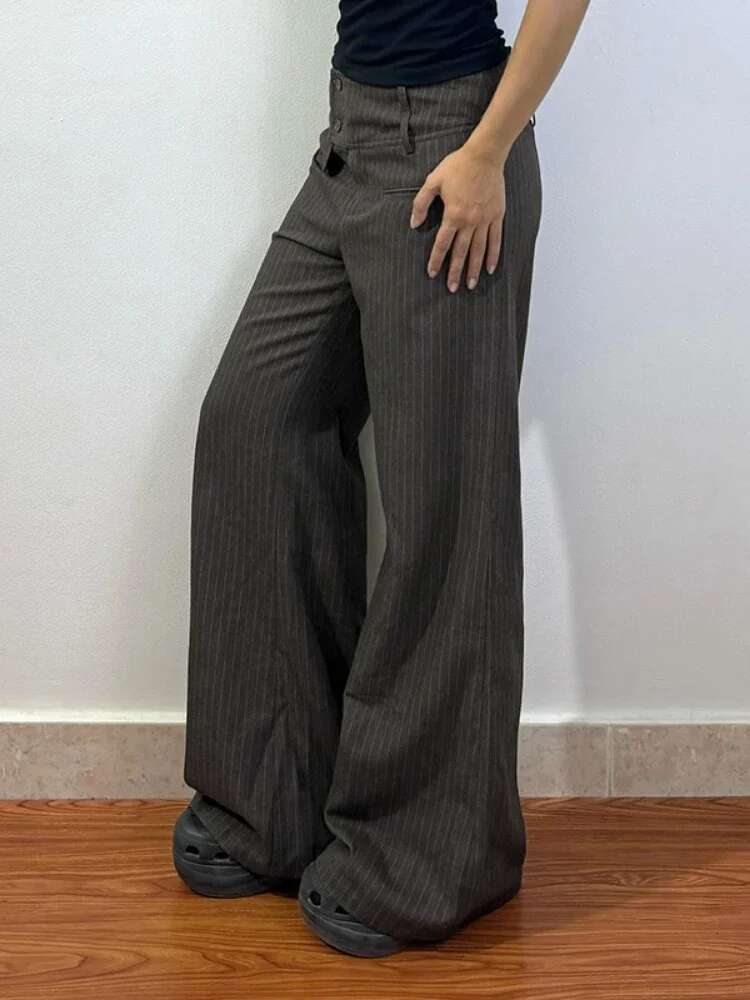 Deeptown Elegant Vintage Striped Straight Women American Retro Office Ladie Casual Loose Patchwork Wide Leg Pants 2025 Y2k