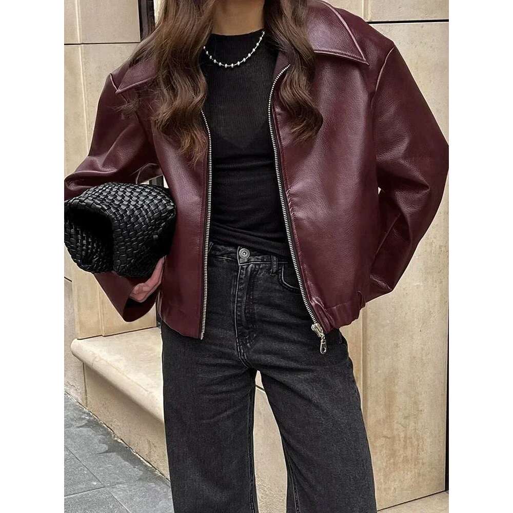 Women's Coat Street Leather Women' Jacket Wine Red Turn Down Long Sleeve Pu Female Coats Vintage Pocket Zipper Motorcycle Lady Outwears
