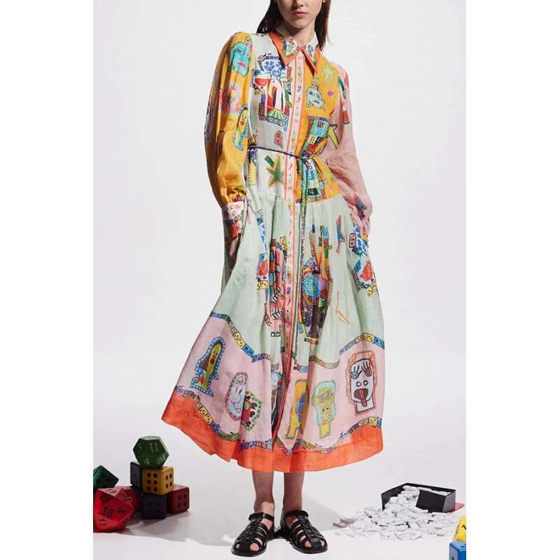 Dongdumaoyi Nieuwe Single Breasted Lange Lantaarn Mouw Graffiti Print Tie Taille Uitlopende Jurk Voor Vrouwen C