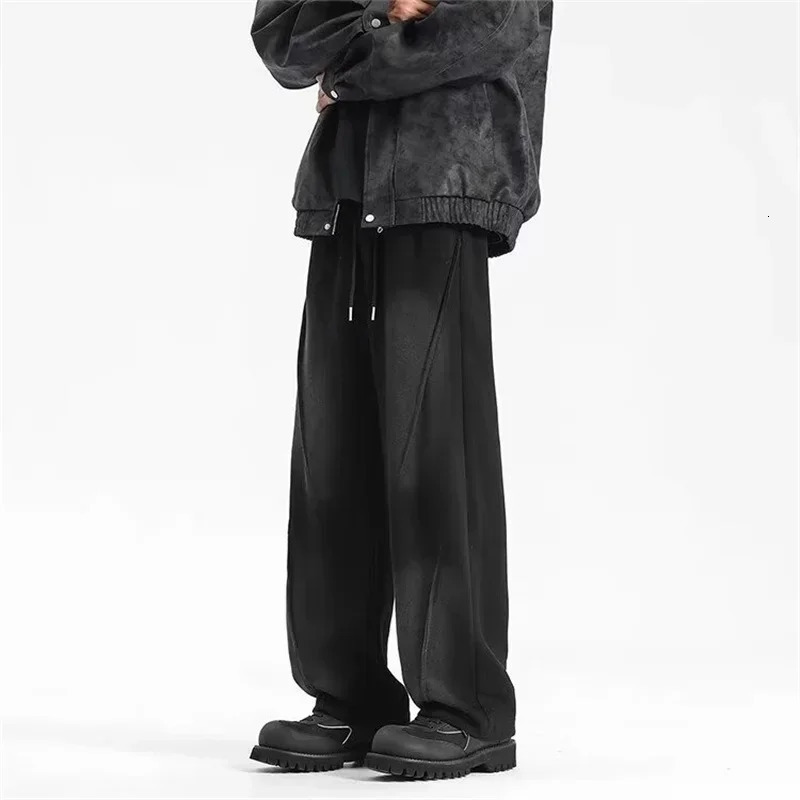 Autumn mens high street pleated straight pants Korean fashion elastic waist pocket Trouser Y2K retro underwear hombre 250327
