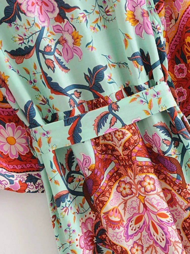 Bohemian Womens Peacock Printed Bat Sleeves Beach Kimono Robe Vneck Tassel Summer Happy Bikini Top 250326