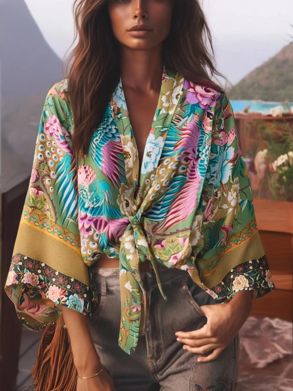 Bohemian retro printed beach summer short kimono womens fashionable casual Vneck batwing sleeves top 250326