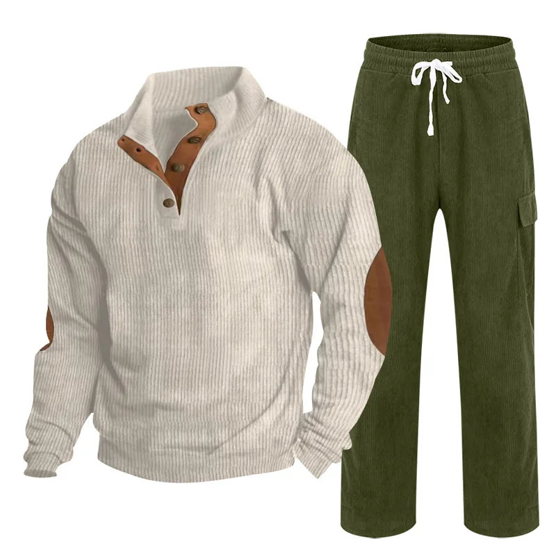 Mens autumn and winter sportswear Corduroy Henley shirt straight pants casual set 250326
