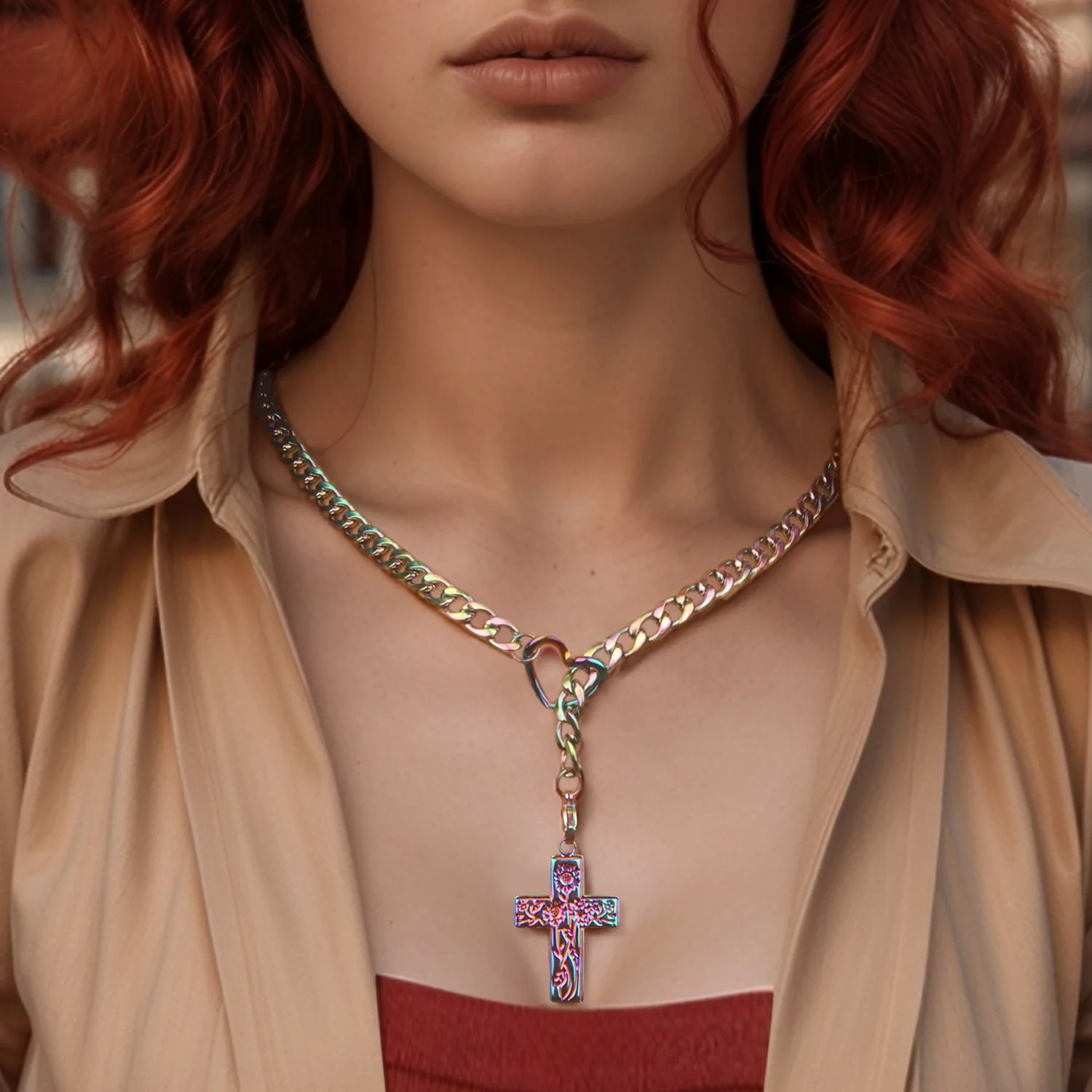 Heart shaped cross chain necklace womens punk rock stainless steel 003 long jewelry gift adjustable large charm 250325