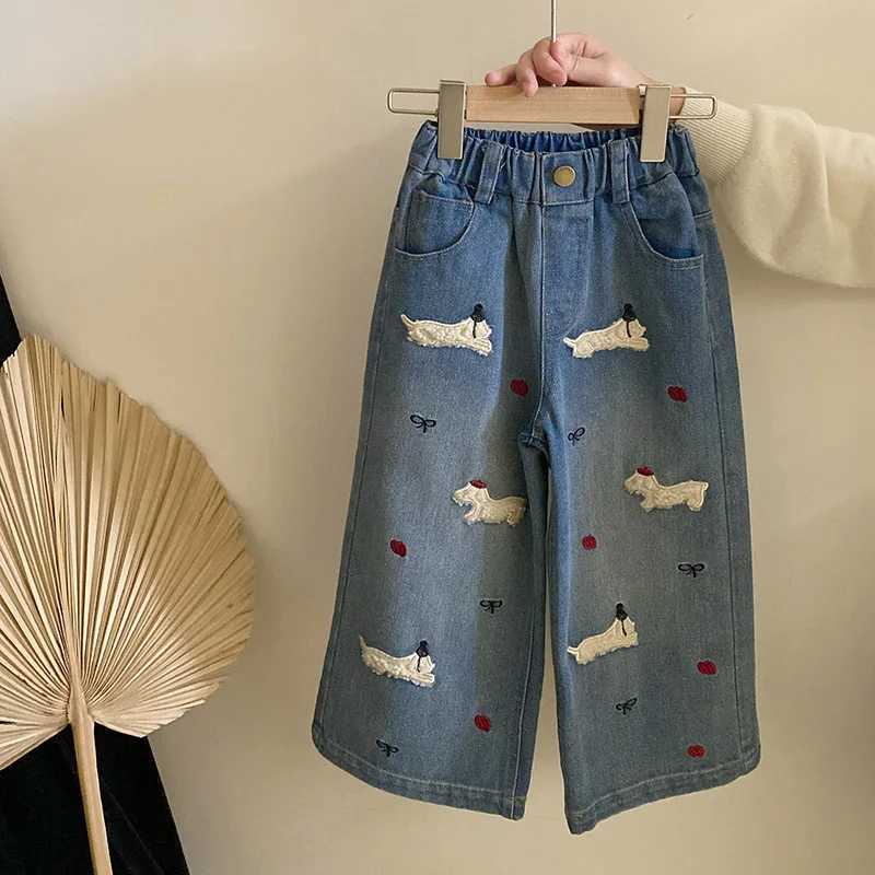 Korean girl short sleeved T-shirt bottom jacket knitted suspension 2025 spring new cartoon dog jeans setT250327