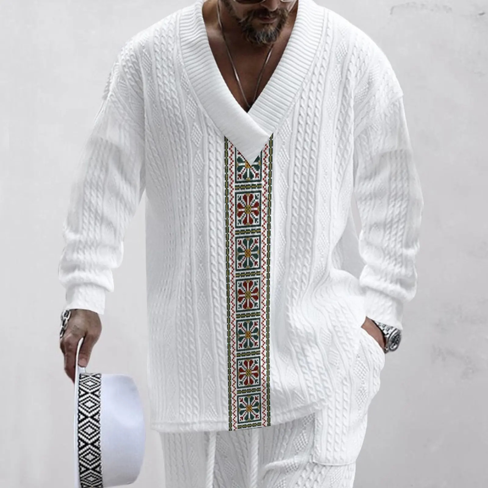 autumn mens loose casual sportswear highquality jacquard Vneck long sleeved twopiece set w250327