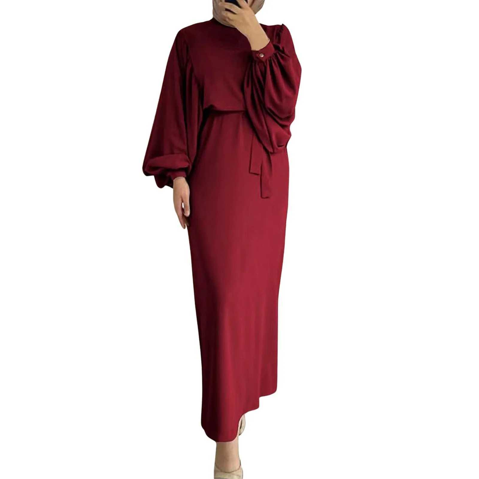 Womens Muslim Dignified Elegant Long Slve Casual Gown Solid Color Robe Dresses With Belt S-4XL X250514