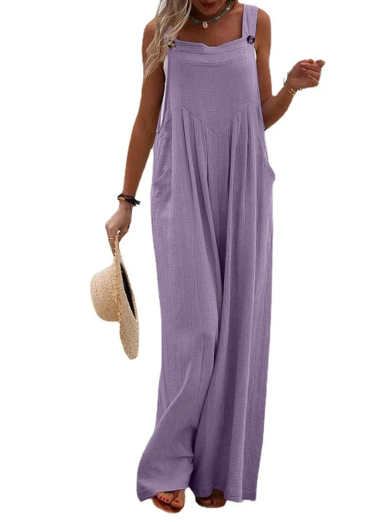 Womens onepiece summer pocket suspender jumpsuit wide leg pants Vneck pullover loose casual Y2K streetwear 250326