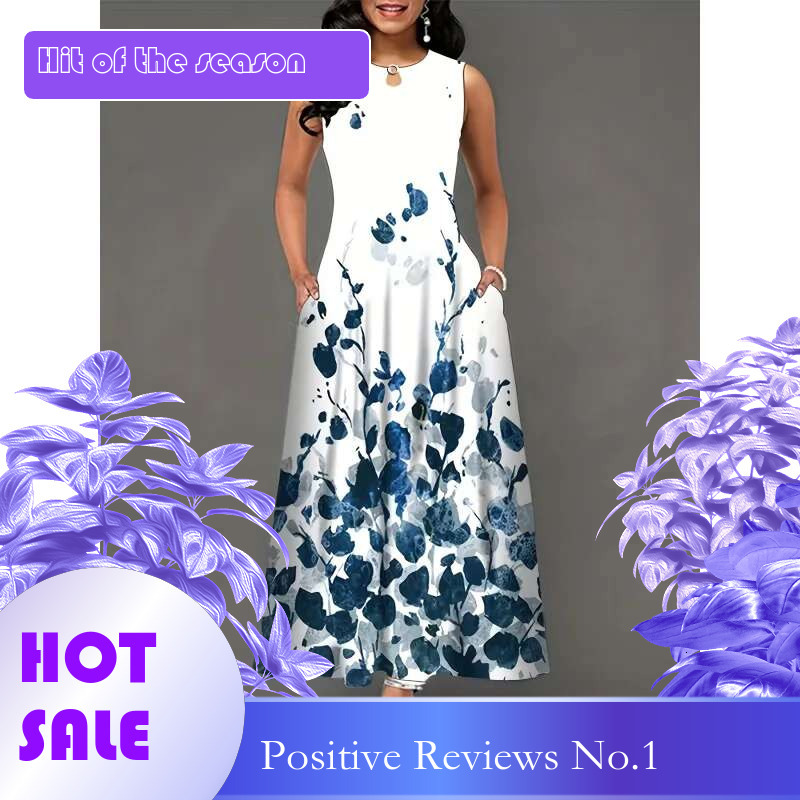 Dongdumaoyi Keyhole Jurk Met Bloemenprint Boho Mouwloze Maxi Ronde Hals En Zak Dameskleding