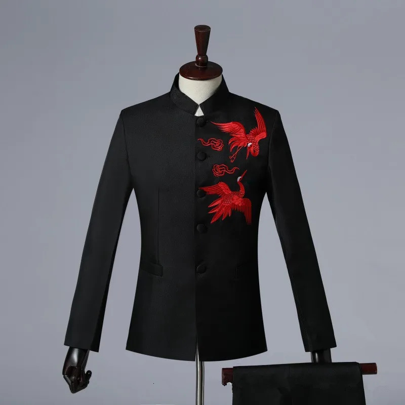 Chinese y Stand up Collar Set 2piece Fashionable Mens Wedding Ball Performance Jacket and Pants 250326