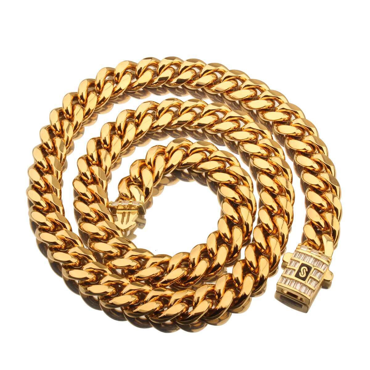 HipHop 18k Gold Plated 6mm-14mm Miami Cuban Chain Fashion Stainless Steel Monaco Zirconia Cuban Link Chain Jewelry