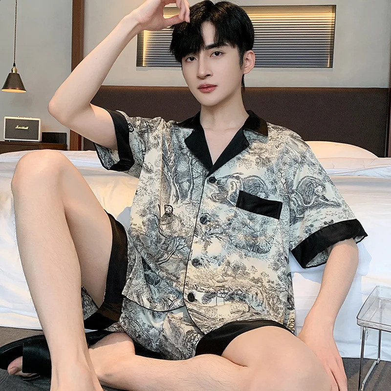 High quality fashion ink pajama set for men ice silk thin summer short sleeved satin home clothing loose pajama set for men 250411