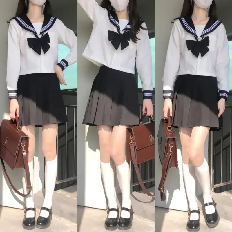 Basic JK Black Collar White Line School Uniform Female Sailor Set Folded Skiing Japanese Style Costume Anime COS 250326