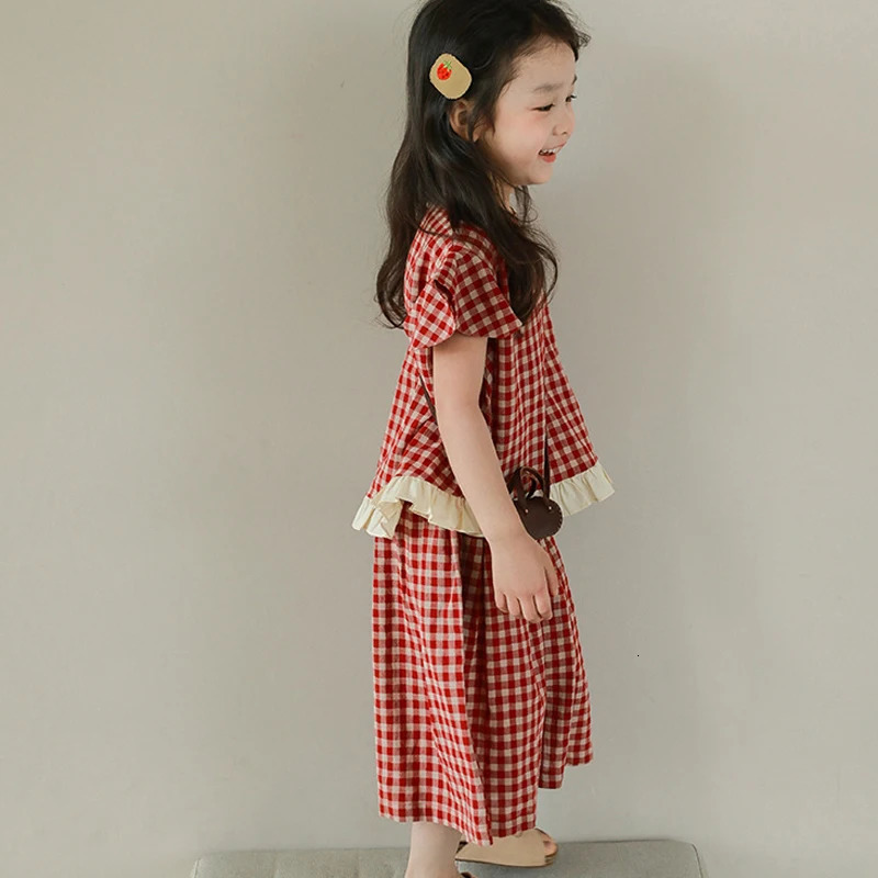 Summer Girls Plaid Set Personalized Small Flying Sleeve Short Sleeve Wide Leg Pants Fashion Clothes Suit 250326