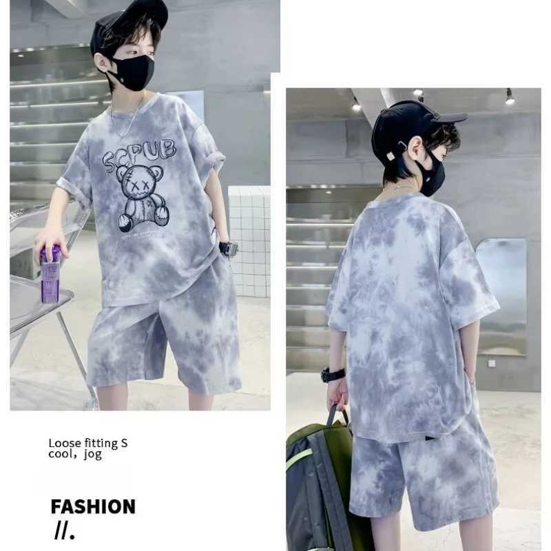 Summer boy cartoon bear costume set childrens girl tie dye T-shirt and shorts 2-piece set childrens topT250327