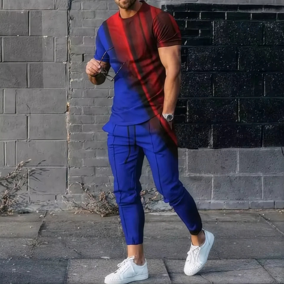 Summer mens Tshirt and pants sportswear abstract gradient 3D printed set 2piece streetwear oversized 250327