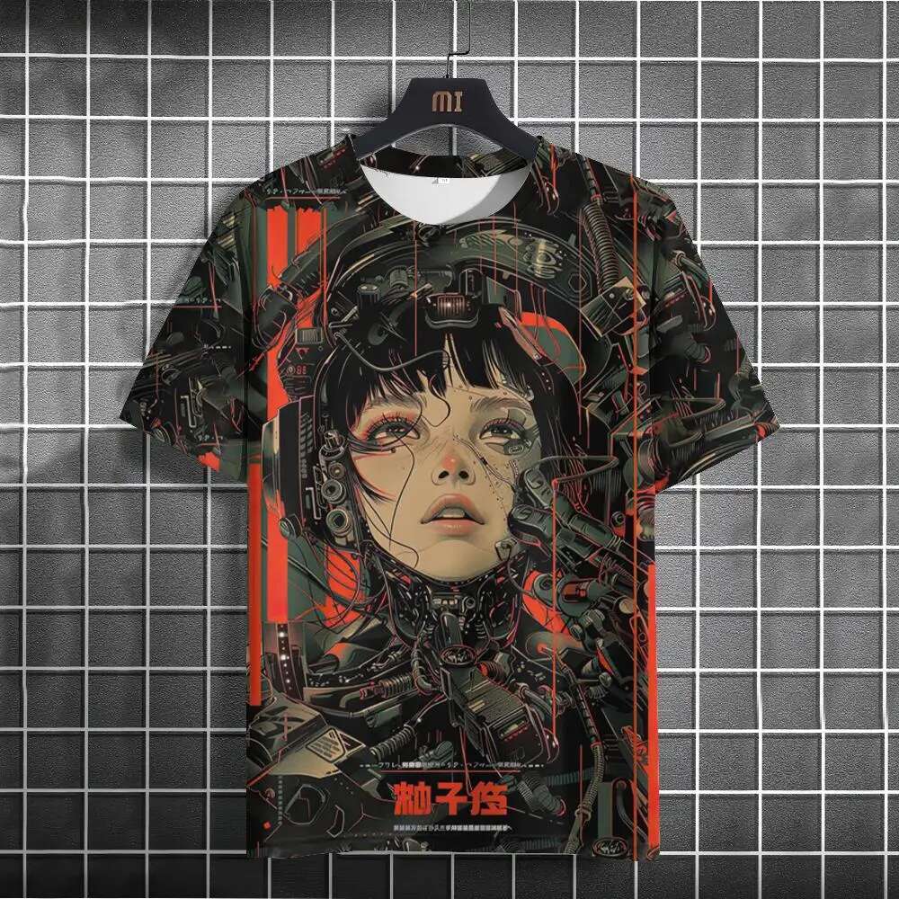 Men's Japanese T-shirt, mechanical character pattern T-shirt, short sleeved printed T-shirt, men's oversized jacket