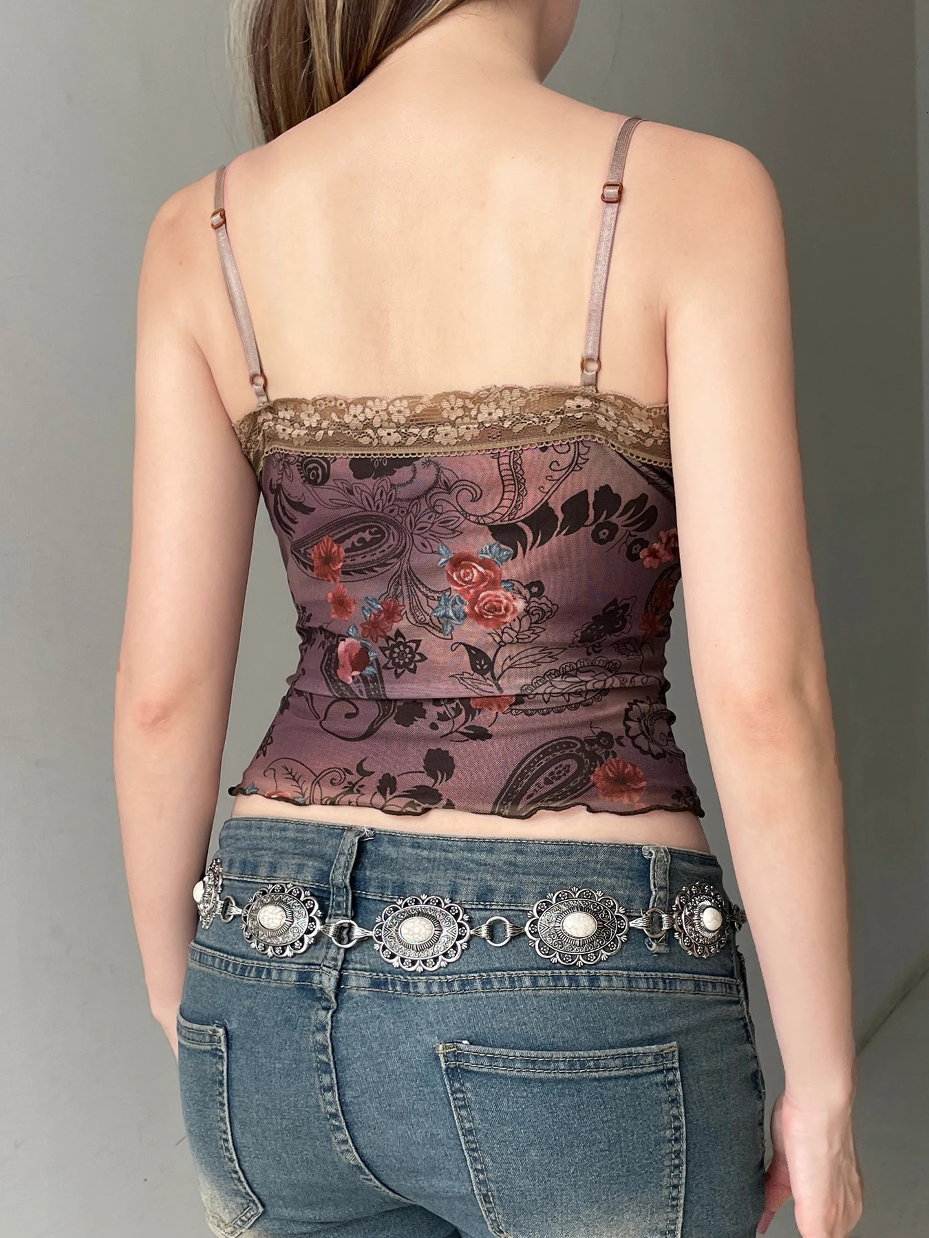 Rockmore vintage chiffon applique print Camis womens mesh lace cross Vneck crop top Y2K aesthetic backless tight corset 250326