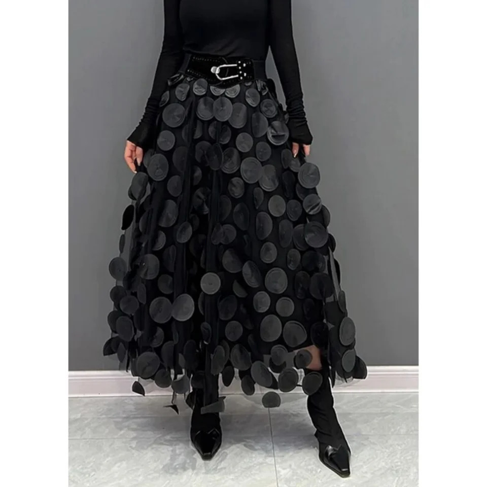 Women Polka Dot 3D Tulle Mesh Skirt Vintage Elastic Waist Long A-line Tutu Skirt 250317