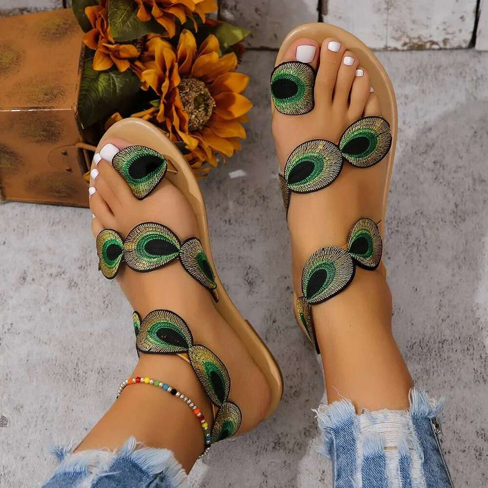 Yellow Embroidered Faux wer Fashion Sandals Flat Plus Size 43 Summer Outdoor Beach Travel Mom Shoes