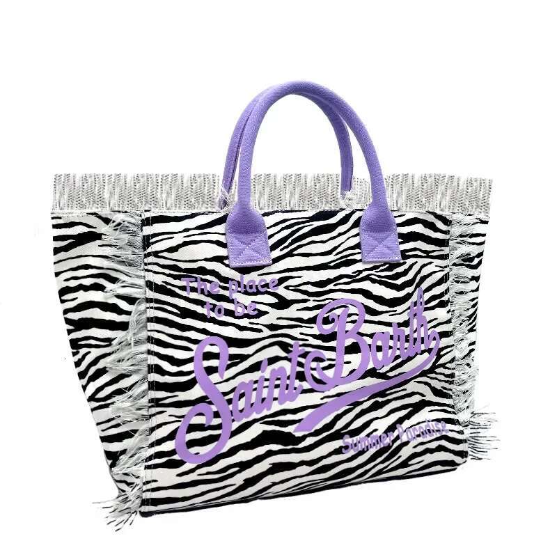 SAINT BARTH Autumn Winter New Women's Large Capacity Casual Black And White Leopard Print Canvas Handmade Tassel Handbag