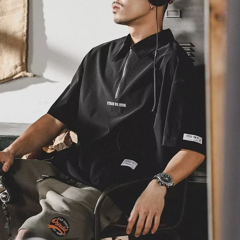 Summer letter printed mens polo shirt casual short sleeved zipper Y2K streetwear fashionable lapel golf Tshirt 250327