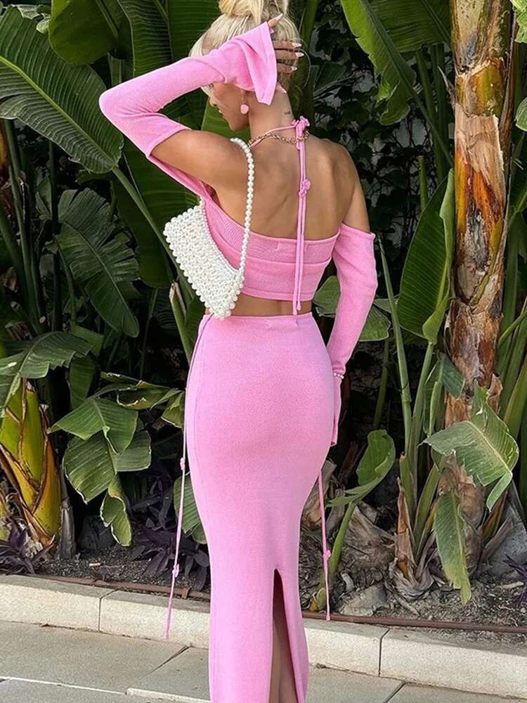 Sexy Knitted Sg Bikini Long Skirts Woman's Set Casual Slim Solid Lace Up Tube Tops Slit Skirt Sets Female Summer Beach Party