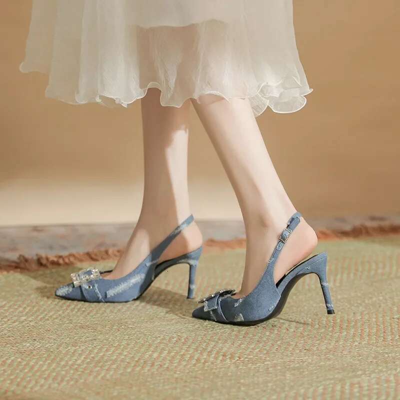 Women Sexy Blue Denim Rhie High Summer Korean Fashion Sandals Pointed Toe Thin Heels Pumps Party Dress Casual Shoes