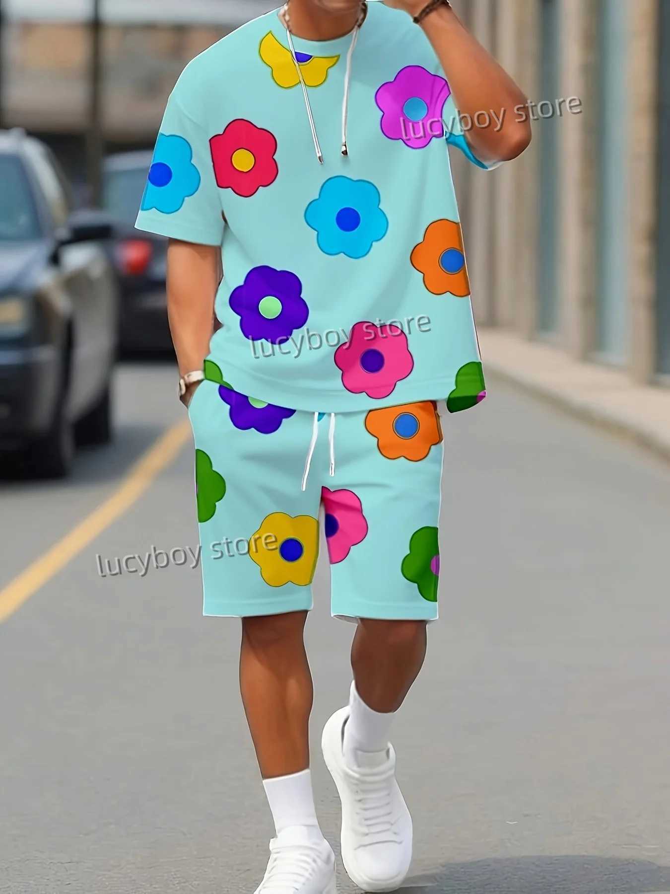 Colorful floral printed sports T-shirt+shorts set for mens luxury track and field wear summer oversized 2-piece set for mens clothingXJ250326