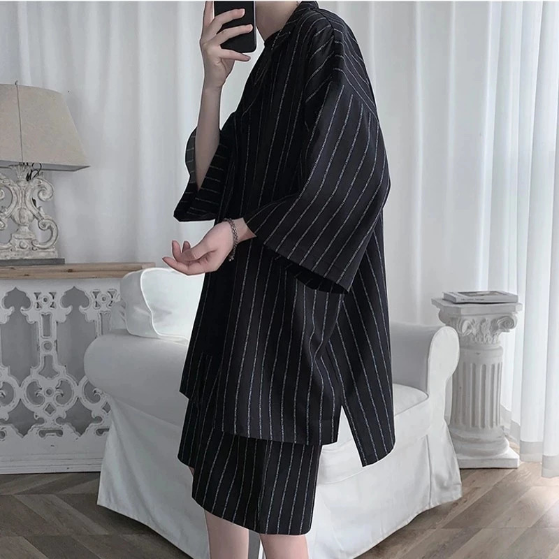 Korean mens track and field jacket shorts 2piece set summer striped sportswear ultrafine clothing lightweight 5XL 250326